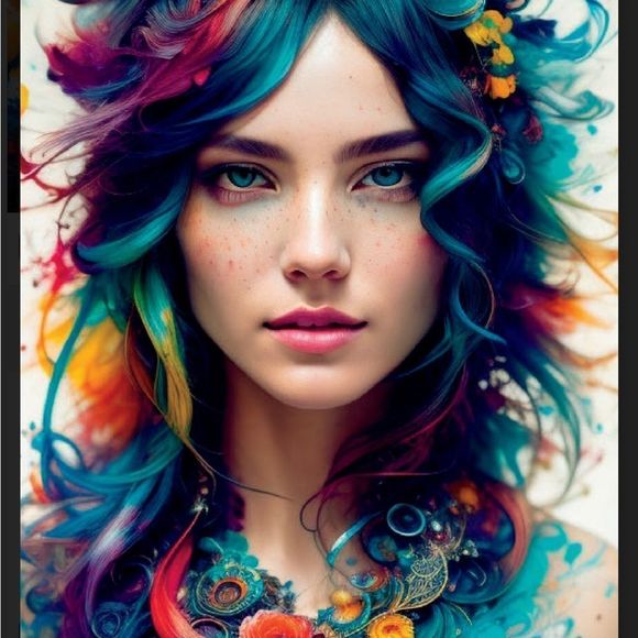 Wall Art print of girl portrait with abstract illustration in different colors - Picture 4 of 4